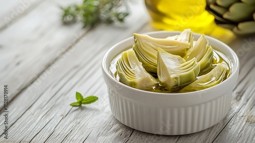 Artichoke hearts marinated in olive oil in a small white bowl on a white wooden background : Generative AI