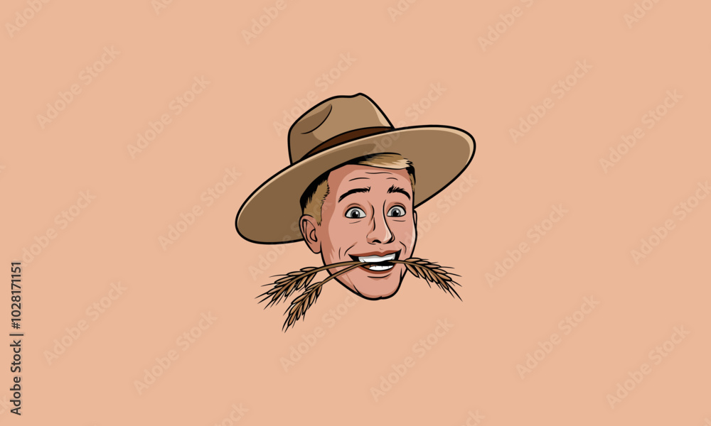 Smiling farmer with hat and wheat in mouth. Smiling farmer with hat and wheat in mouth.