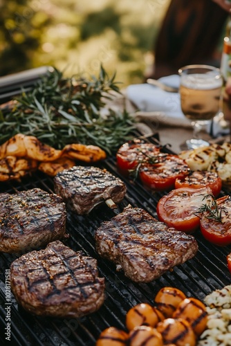 Grilled steaks and vegetables on a barbecue grill. photo