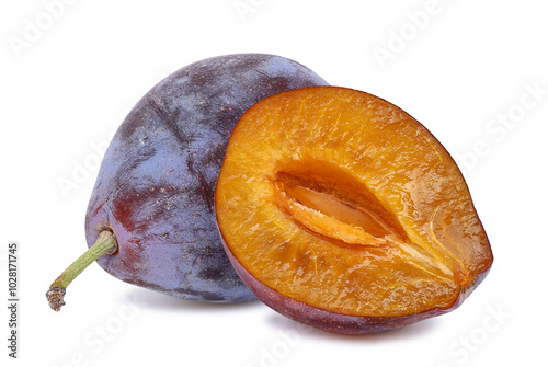 whole and half of ripe prune or plum isolated, png photo