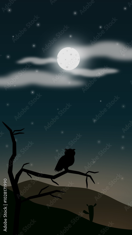 An owl silhouette in a Vertical Landscape with the full moon An owl silhouette in a Vertical Landscape with the full moon