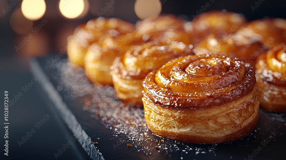 Cinnamon rolls buns on black plate Dark background Close up : Generative AI Cinnamon rolls buns on black plate Dark background Close up : Generative AI