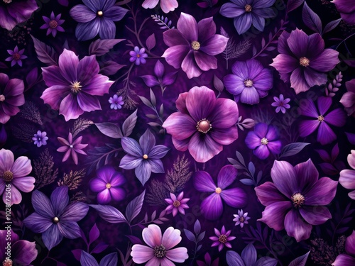 Wallpaper Mural Seamless Pattern of Purple Flowers in Low Light Photography for Elegant Backgrounds, Perfect for Textiles, Wallpapers, and Digital Designs - Floral Aesthetics and Visual Appeal Torontodigital.ca