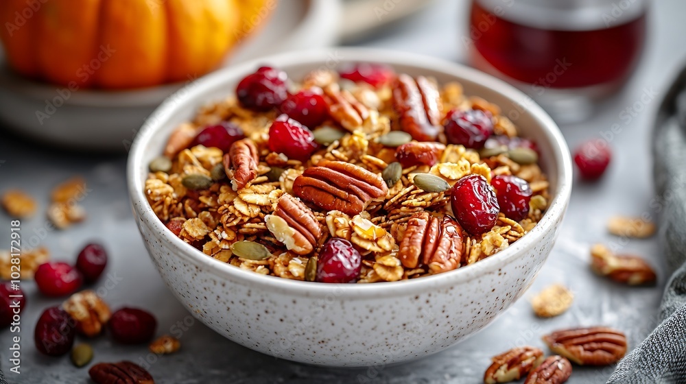 Healthy breakfast Fresh pumpkin granola muesli with seeds pecan nuts cranberries and maple syrup in white bowl : Generative AI Healthy breakfast Fresh pumpkin granola muesli with seeds pecan nuts cranberries and maple syrup in white bowl : Generative AI