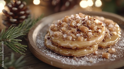 Caramel florentine cookies with cane sugar crystals on a wooden backgroundChistmas present : Generative AI