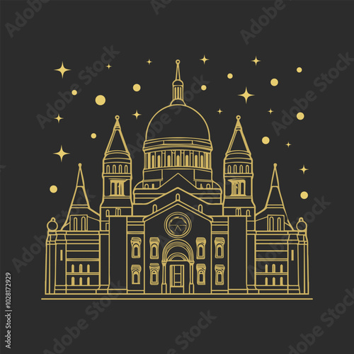 Gold Building Hand drawn mono-line historical mosque church background design