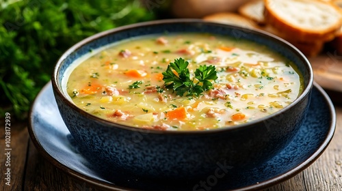 Cabbage soup with bacon potato meat in a blue ceramic plate with bread on a wooden background : Generative AI