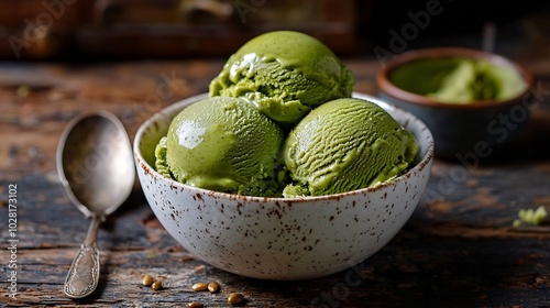 Matcha ice cream scoop in white bowl on a wooden background : Generative AI photo