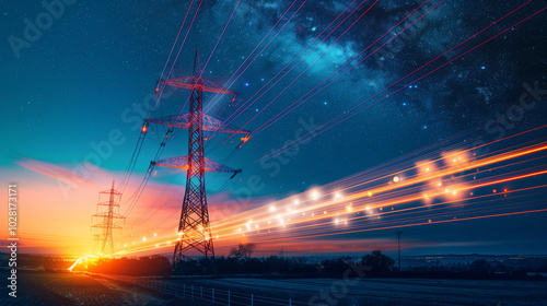 Powerline towers at sunset with dynamic digital light trails, technology concept