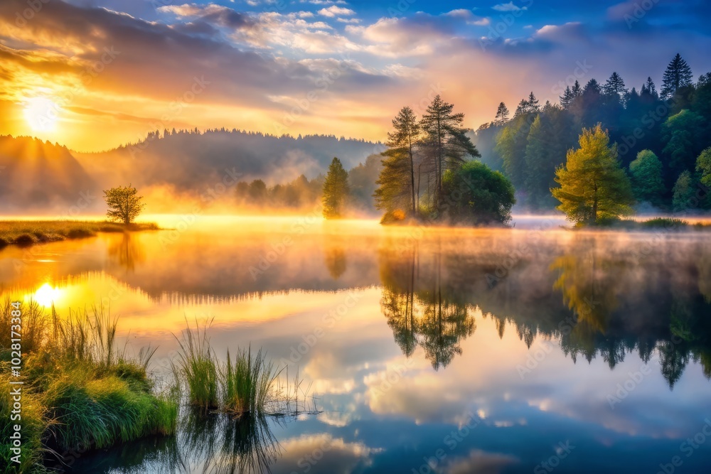 Fototapeta premium Serene Foggy Lake at Dawn with Bokeh Effect, Tranquil Morning Reflections and Soft Light, Nature Photography, Calm Water, Scenic Landscape, Peaceful Atmosphere