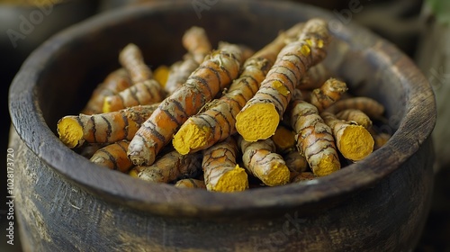 Fresh and dried turmeric roots in a wooden bowl Grey textile background Top view Copy space : Generative AI photo