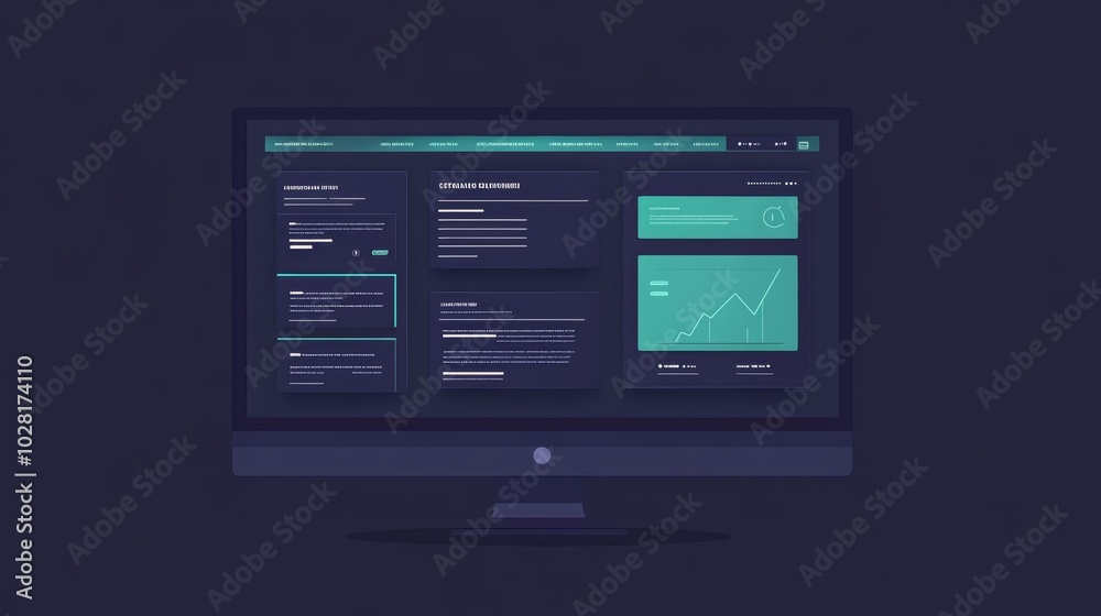 Modern Computer Screen with Dark Mode Interface and Data Analytics Modern Computer Screen with Dark Mode Interface and Data Analytics