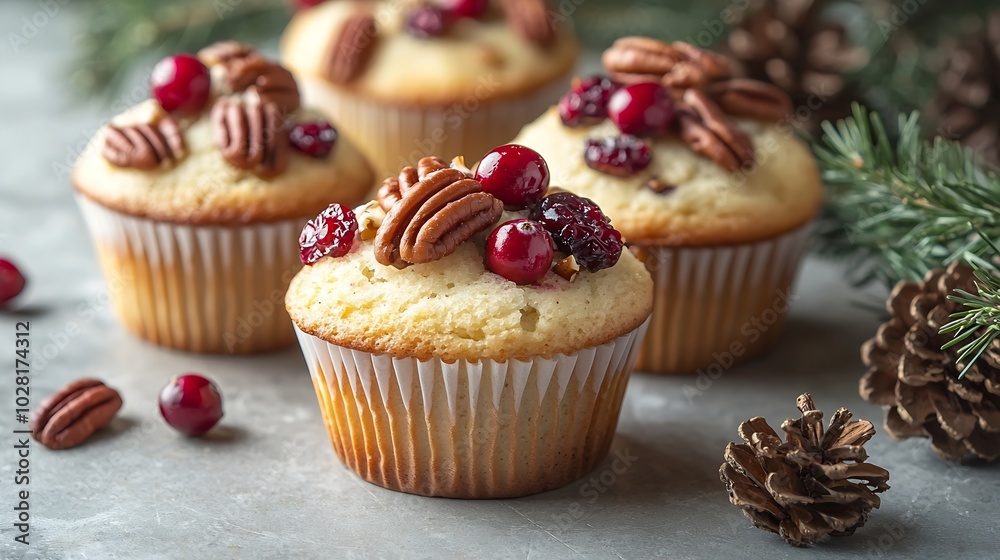 Muffins cakes with cranberry and pecan nuts Christmas decoration Copy space : Generative AI Muffins cakes with cranberry and pecan nuts Christmas decoration Copy space : Generative AI