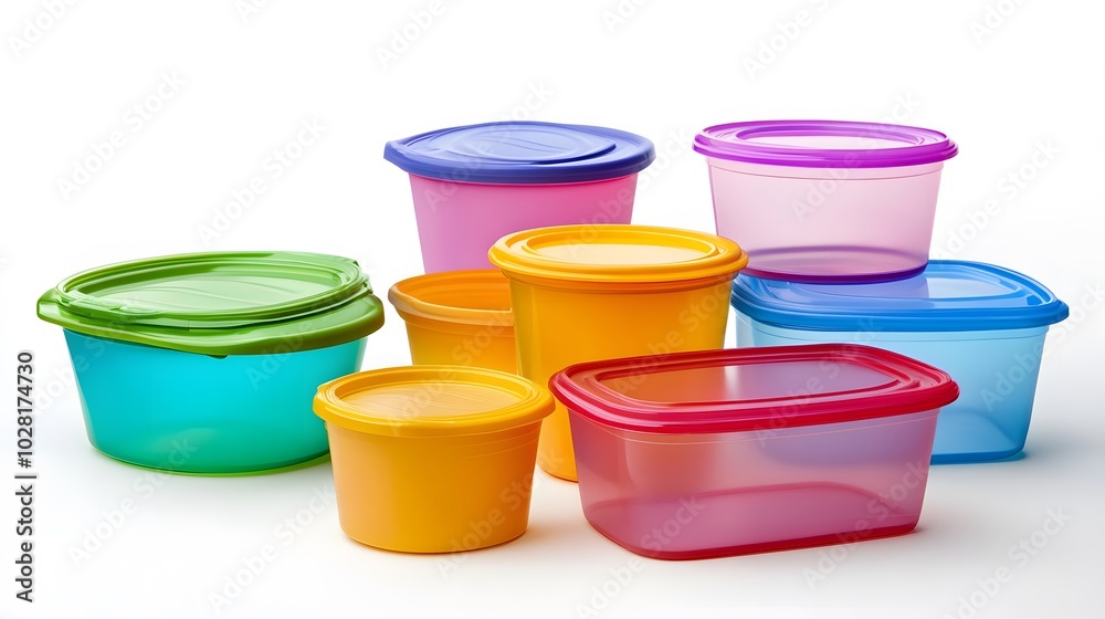 Plastic food storage containers on a white background. Plastic food storage containers on a white background.