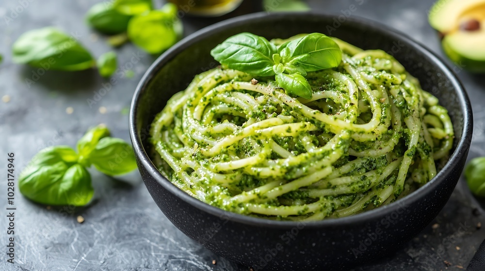 Pasta spaghetti with pesto sauce in black bowl Grey background Copy space Top view : Generative AI Pasta spaghetti with pesto sauce in black bowl Grey background Copy space Top view : Generative AI
