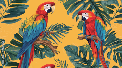 Seamless pattern with parrots and palm leaves on a yellow background 