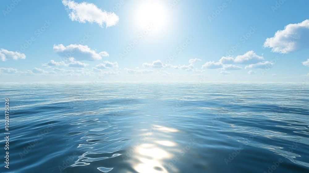 Obraz premium Calm Ocean Water Surface with Sun and Clouds