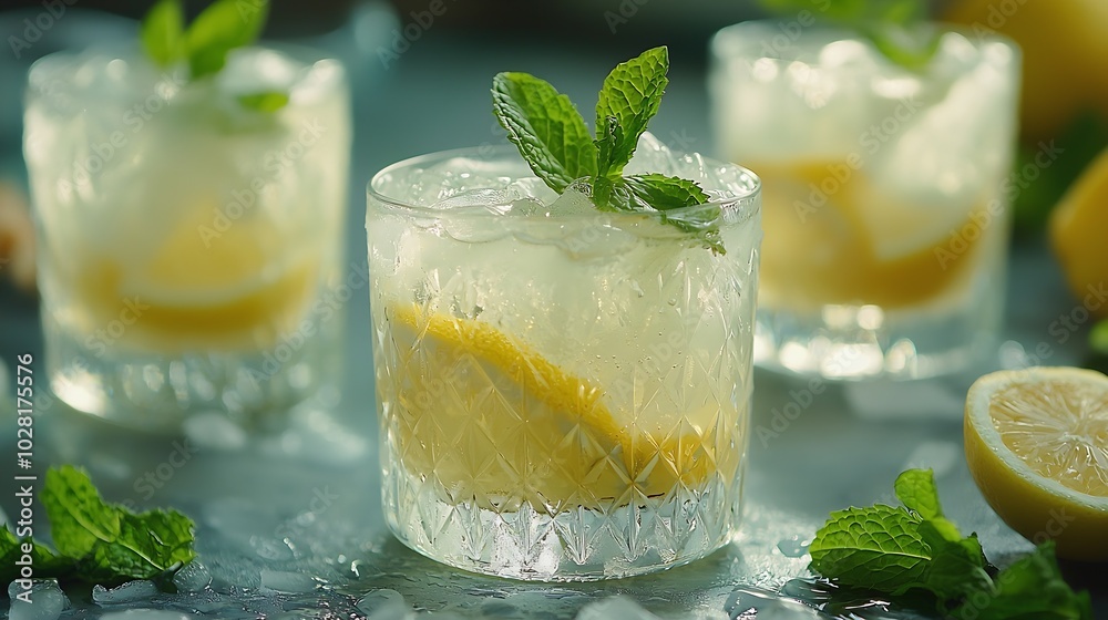 Fototapeta premium Lemonade lemon mint cocktail in glasses and jug Grey background Close up : Generative AI