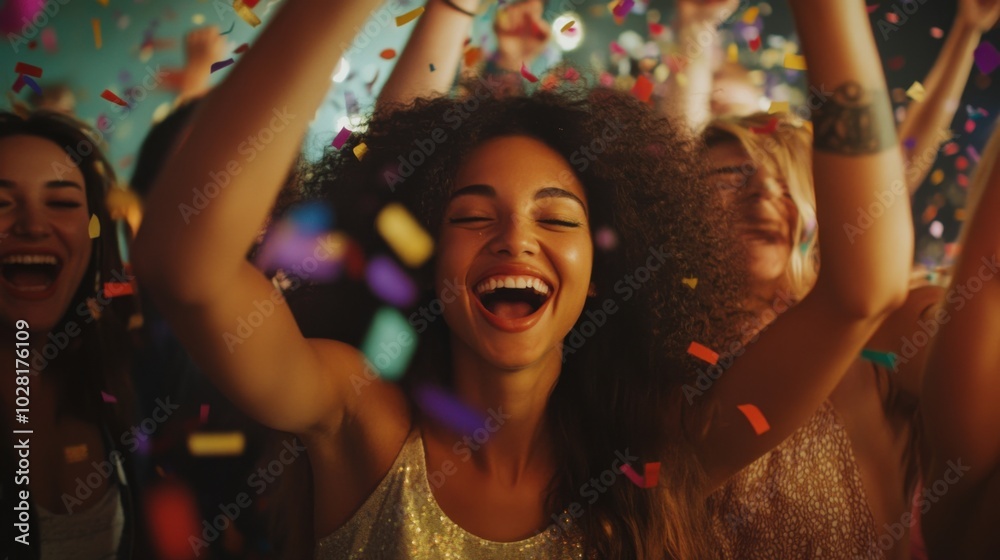 Happy people celebrating at a party with confetti and enthusiasm Happy people celebrating at a party with confetti and enthusiasm