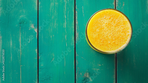 Fresh Orange Juice on Rustic Green Wooden Table – Top ViewFresh Orange Juice on Rustic Green Wooden Table – Top View