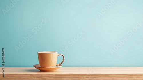 Minimalist Coffee Cup on Wooden Surface with Light Blue BackgroundMinimalist Coffee Cup on Wooden Surface with Light Blue Background