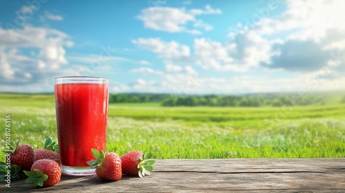 Refreshing Strawberry Juice on Rustic Table with Countryside Background