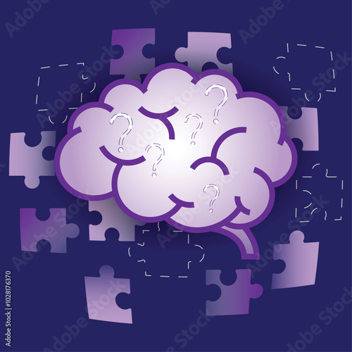 Brain surrounded by puzzle pieces with question marks filling the brain symbolizes memory loss, memory-related disorders, alzheimer's and dementia.