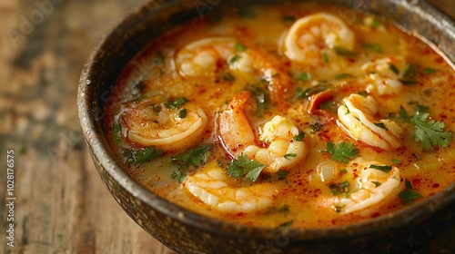 Tom yam hot spicy soup on wooden background : Generative AI