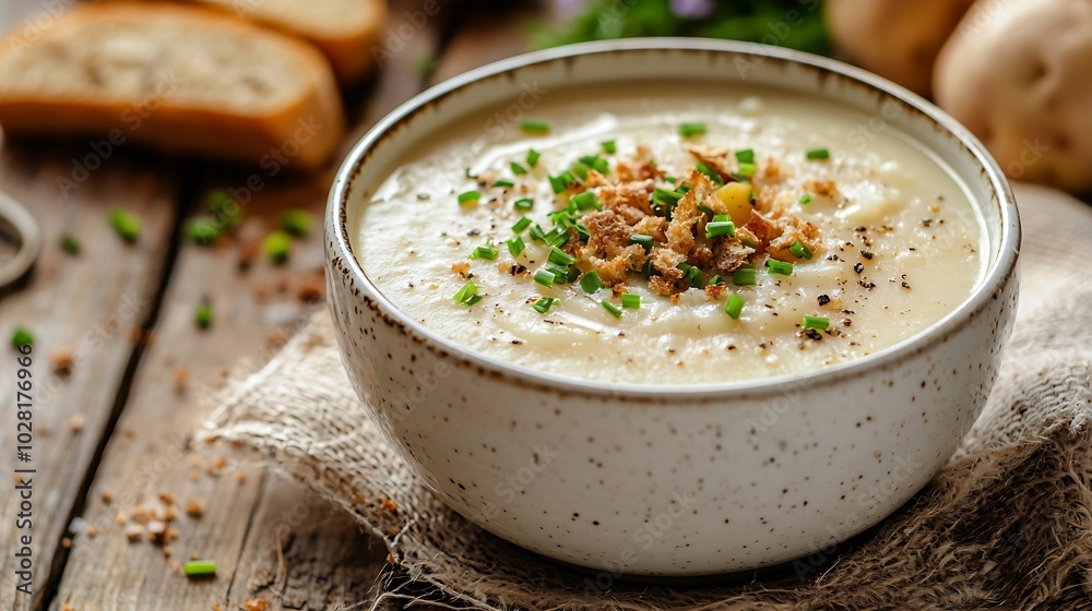 Cauliflower parsnip potato soup with chives and brown bread in a white ceramic bowl on a wooden background : Generative AI Cauliflower parsnip potato soup with chives and brown bread in a white ceramic bowl on a wooden background : Generative AI