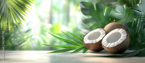 Coconut and Tropical Leaves on a Table.