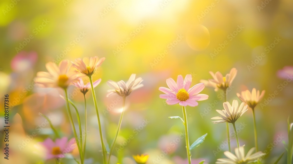 A field of daisies bathed in warm sunlight. A field of daisies bathed in warm sunlight.