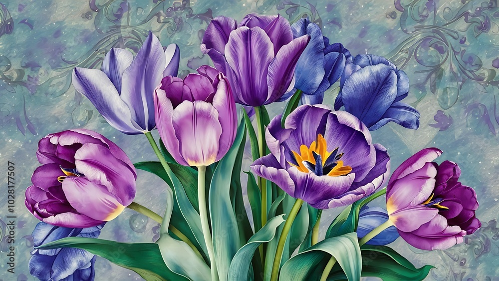 Obraz premium Purple and blue tulips watercolor illustration set. Seamless background pattern. Fabric wallpaper print texture.