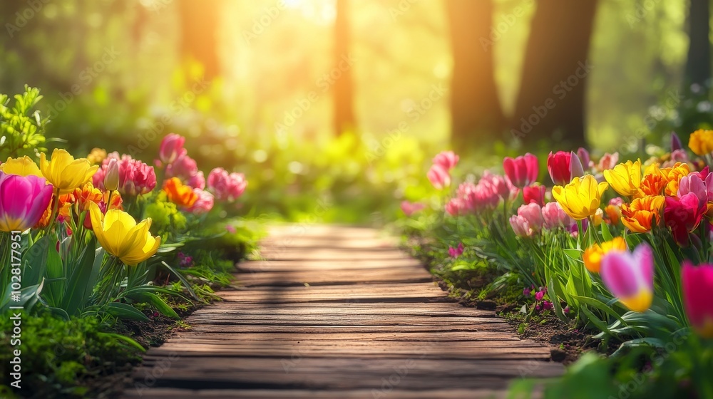 A wooden path leading through a field of colorful tulips with the sun shining through the trees. A wooden path leading through a field of colorful tulips with the sun shining through the trees.