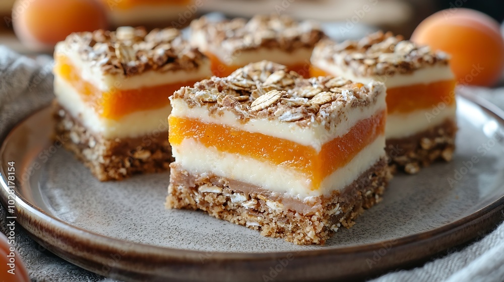 Oat coconut and apricot bars millionaires shortbread with white chocolate on a plate Grey background : Generative AI Oat coconut and apricot bars millionaires shortbread with white chocolate on a plate Grey background : Generative AI