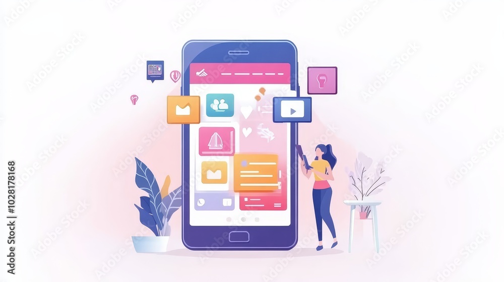 Woman Using Smartphone with App Interface Design