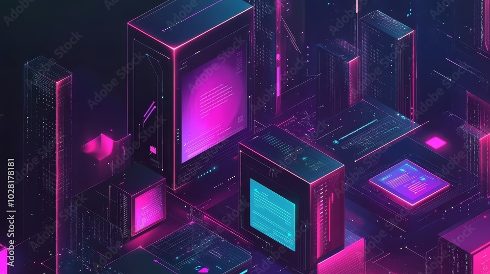 Abstract Neon Geometric Shapes with Digital Interface Abstract Neon Geometric Shapes with Digital Interface