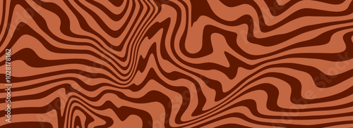 Retro coffee color background. Nice milk chocolate liquid dessert texture. Wavy swirl candy pattern for poster, cover, banner. Vintage brown trippy hippie wallpaper in 60s or 70s style. Vector