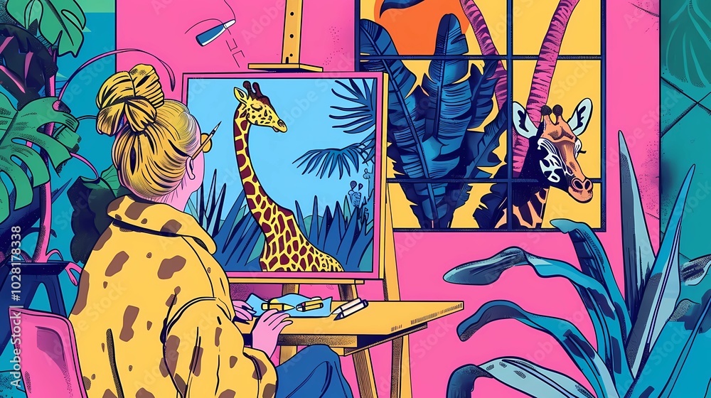 Obraz premium A pretty vibrant woman at an easel sketching animals elephants and giraffes, full of color in the style, Generative AI illustrations.