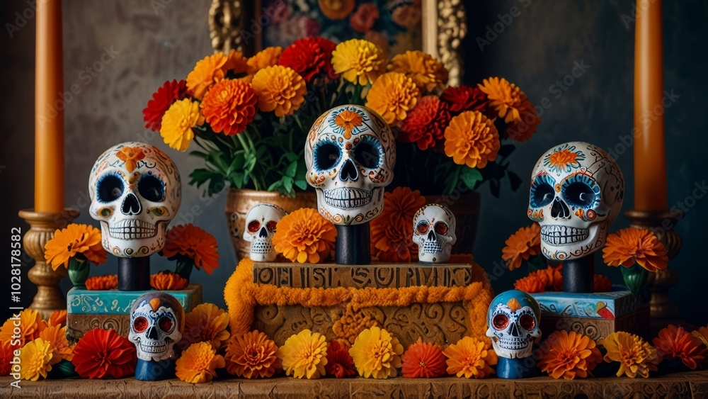 Vibrant altar for El Dia de los Muertos with marigolds and sugar skulls Vibrant altar for El Dia de los Muertos with marigolds and sugar skulls