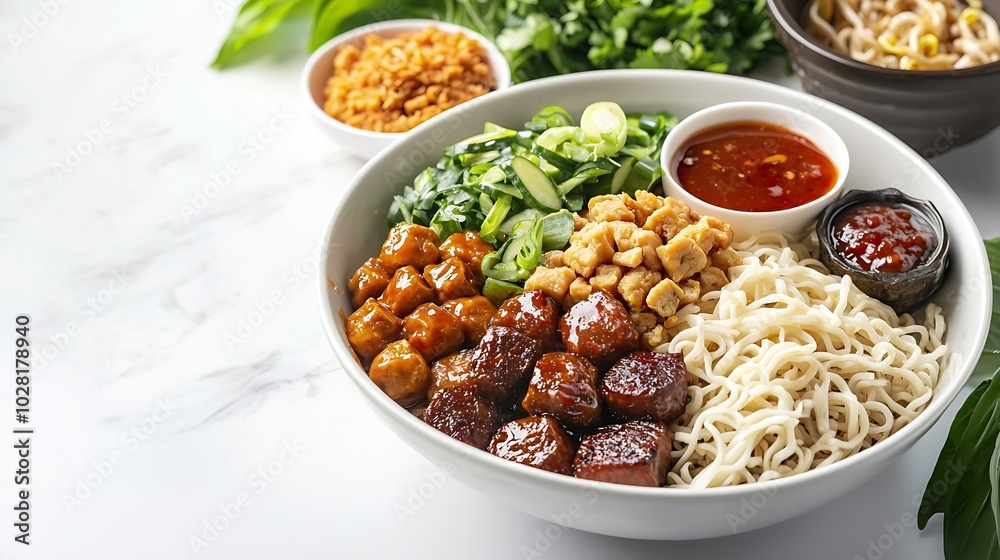 Mi gorengmee goreng Indonesian cuisine spicy stir fried noodles with tempeh and assortment of asian sauces Top view : Generative AI Mi gorengmee goreng Indonesian cuisine spicy stir fried noodles with tempeh and assortment of asian sauces Top view : Generative AI