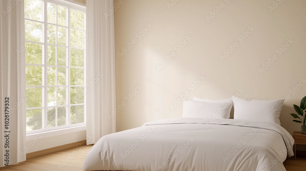 Cozy bedroom with large bed and window, clean minimalist decor and empty wall for copy space. Cozy bedroom with large bed and window, clean minimalist decor and empty wall for copy space.