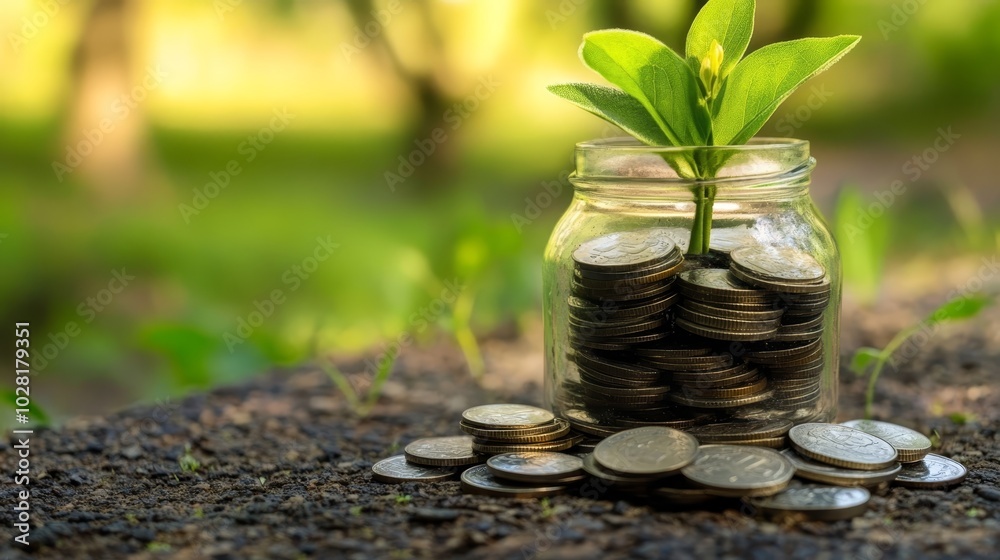 Growing Money in Jar with Coins and Green Plant