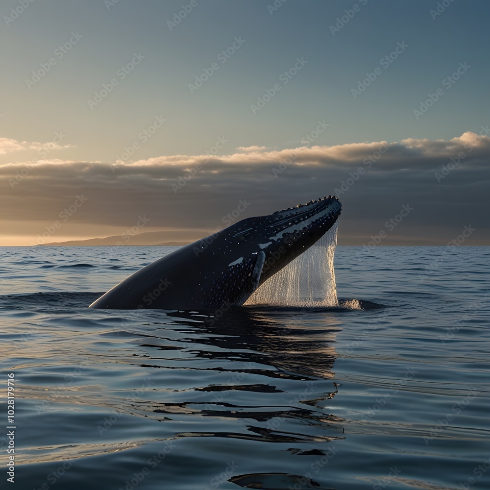 Fototapeta premium Humpback whale in the sea at sunset. 3d render Generated by AI