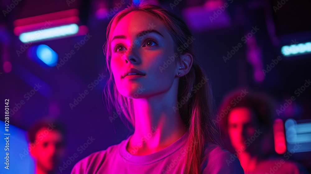 Young woman with serious expression looking up in a dimly lit room, illuminated by red and blue lights. Young woman with serious expression looking up in a dimly lit room, illuminated by red and blue lights.