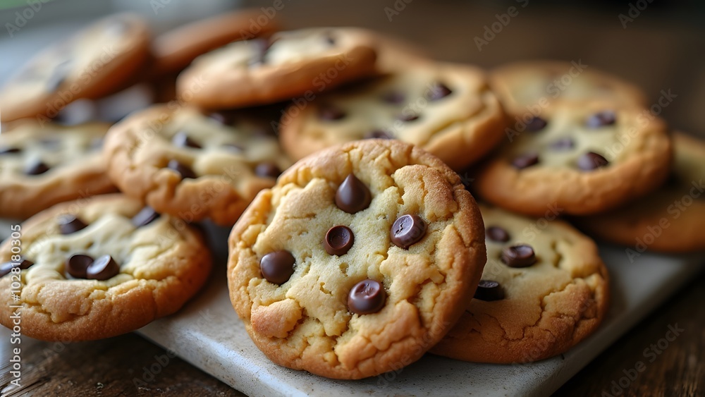 Chocolate chip cookies with icing sugar on a wooden table, Cookie Day. Generated by AI Chocolate chip cookies with icing sugar on a wooden table, Cookie Day. Generated by AI