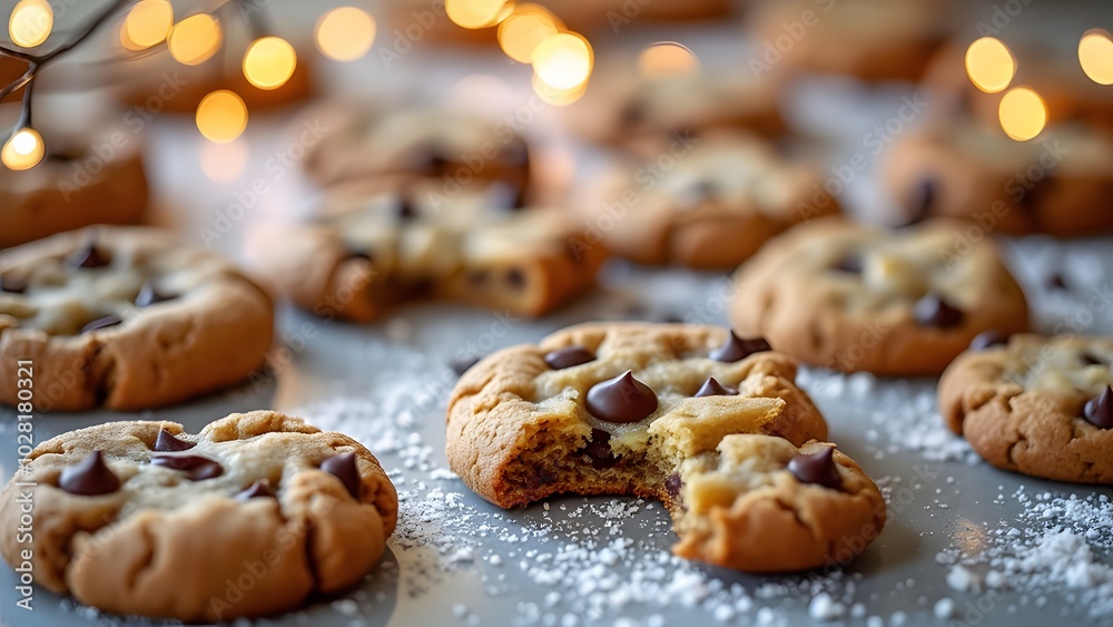 Chocolate chip cookies with icing sugar on a wooden table, Cookie Day. Generated by AI Chocolate chip cookies with icing sugar on a wooden table, Cookie Day. Generated by AI