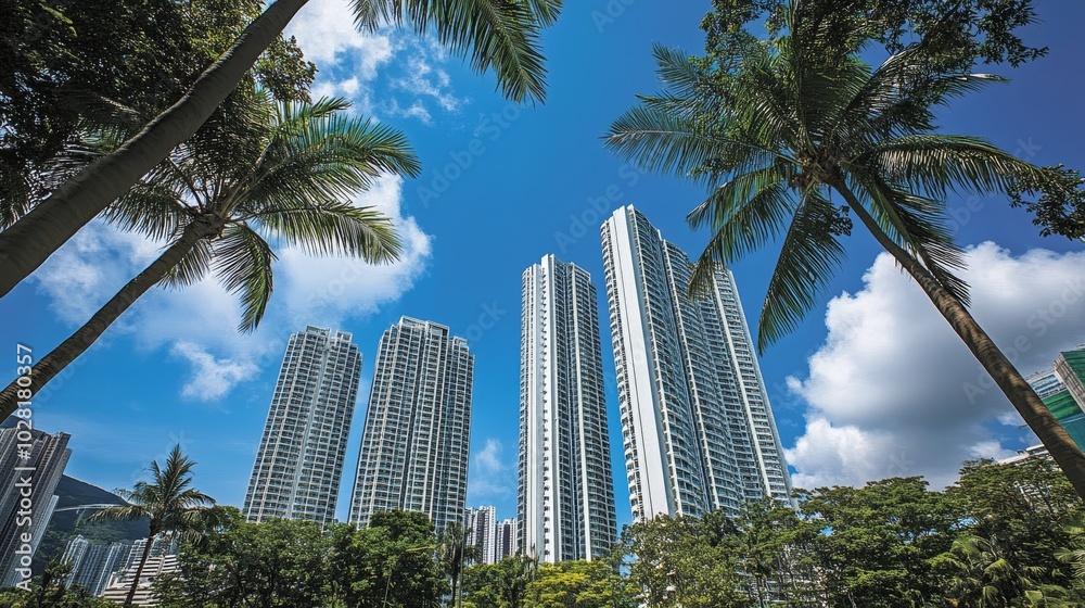 Fototapeta premium Palm Trees and Modern Skyscrapers in Urban Landscape