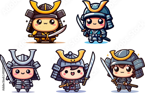 Five samurai character sheet, chibi anime style with helmet and sword. vector illustration isolated