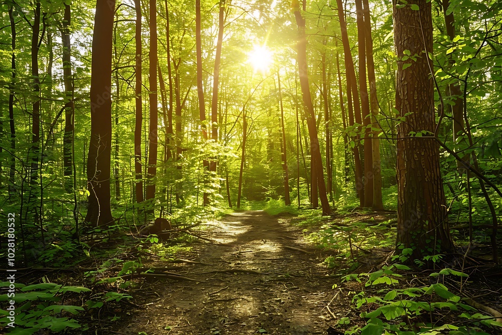 Morning in the green forest. Sun rays through the branches of trees Morning in the green forest. Sun rays through the branches of trees