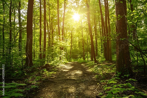 Morning in the green forest. Sun rays through the branches of trees